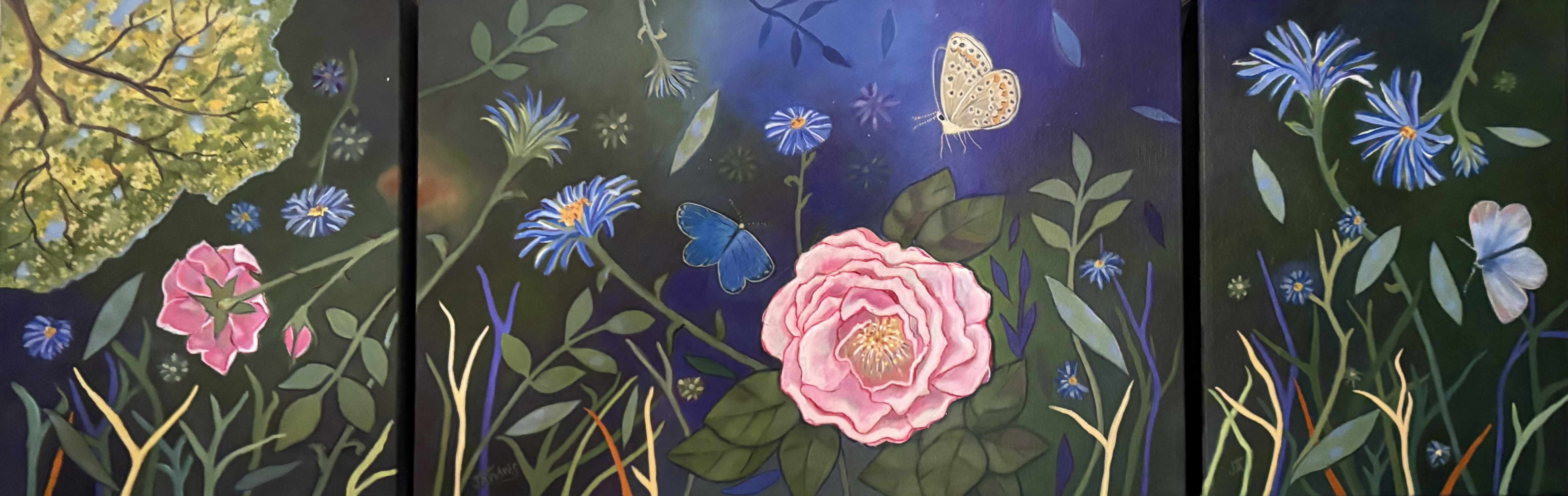 Roses and blue asters float in a dreamscape visited by blue butterflies