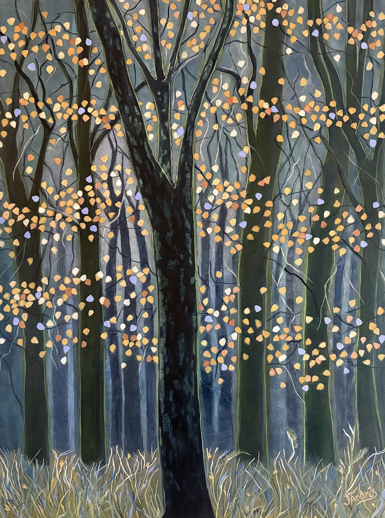 Mysterious Autumn forest painting with dark diciduous tree trunks and glittering sunlit leaves skirting the mid-zone