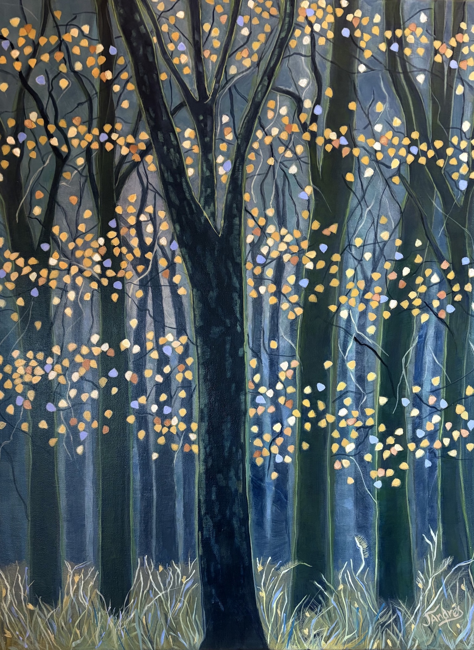 Mysterious Autumn forest painting with dark diciduous tree trunks and glittering sunlit leaves skirting the mid-zone